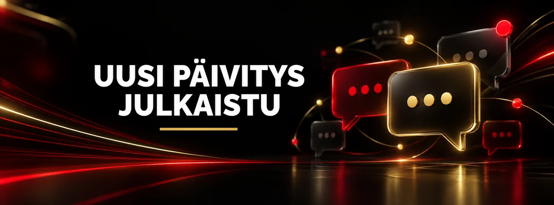 Uusi päivitys julkaistu – punaisia ja kultaisia keskustelukuplia mustalla taustalla.